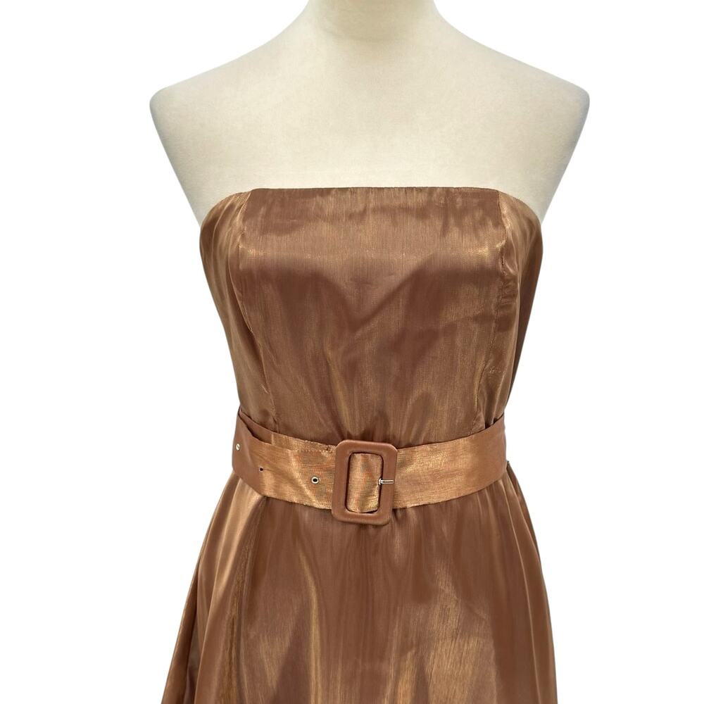 Lulu’s NWT Chicly Stunning Shiny Brown Organza Strapless Belted Midi Dress - Picture 7 of 14